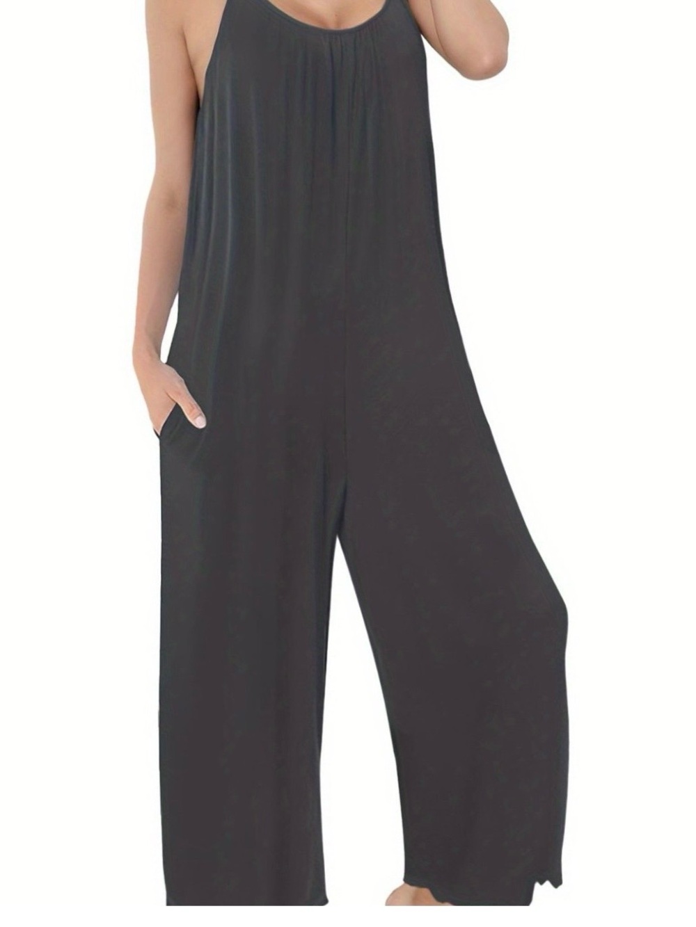 Women’s Black Sleeveless Strappy Wide Leg Jumper w/ Pockets